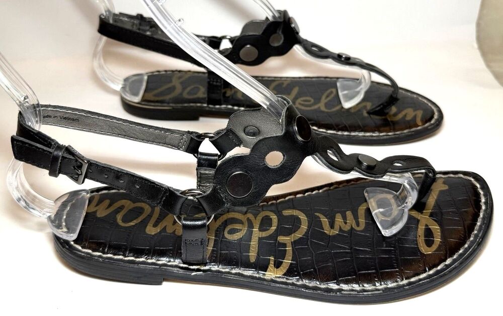 Sam Edelman Gilly Black Leather T-Strap Thong Sandals Women’s 8.5 Metal Studs